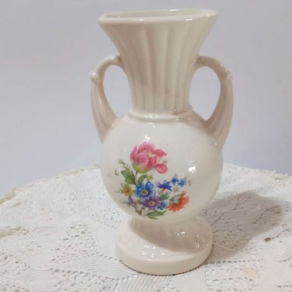1943 Royal Copley Floral Vase with Handles Vintage Mid Century Ceramic Deco